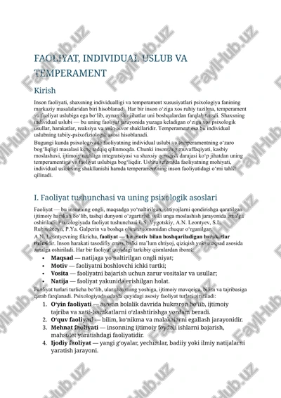 faoliyat, individual uslub va temperament — DOCX