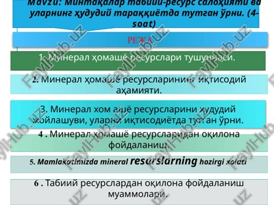 mintaqalar tabiiy-resurs salohiyati va ularning hududiy taraqqiyotda tutgan o'rni — PPTX