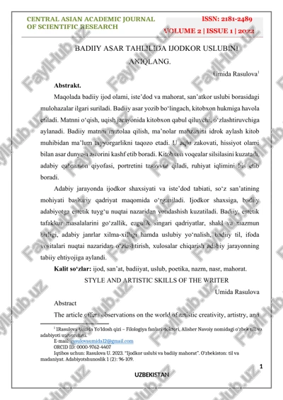badiiy asar tahlilida ijodkor uslubini aniqlang — DOCX