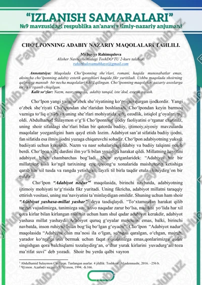 cho'lponning adabiy nazariy maqolalari tahlili — DOCX