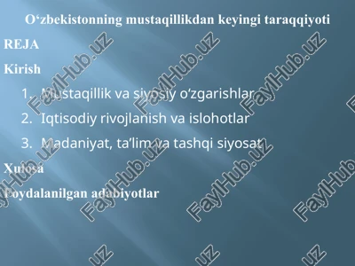 o‘zbekistonning mustaqillikdan keyingi ta‘rtiqlik — PPTX
