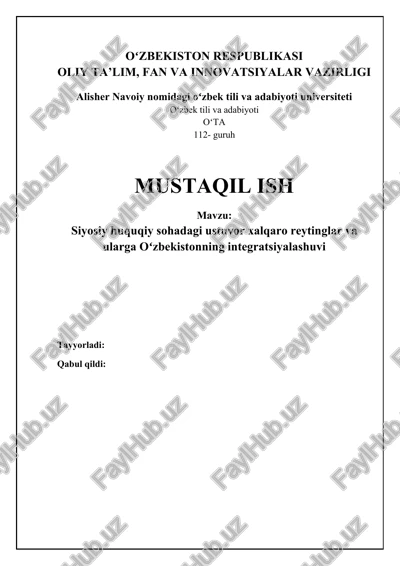 siyosiy huquqiy sohadagi ustuvor xalqaro reytinglar va ularga oʻzbekistonning integratsiyalashuvi — DOCX