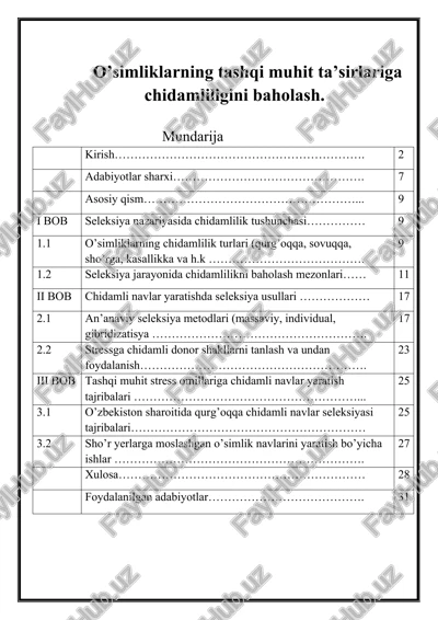 o’simliklarning tashqi muhit ta’sirlariga chidamliligini baholash — DOCX