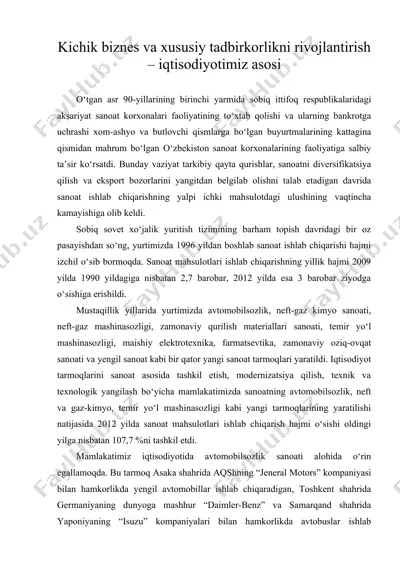 kichik biznes va xususiy tadbirkorlikni rivojlantirish – iqtisodiyotimiz asosi — DOC