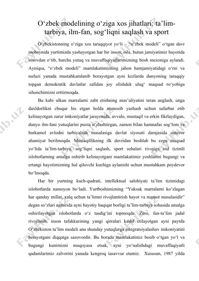 o‘zbek modelining o‘ziga xos jihatlari ta’lim-tarbiya, ilm-fan, sog‘liqni saqlash va sport — DOC