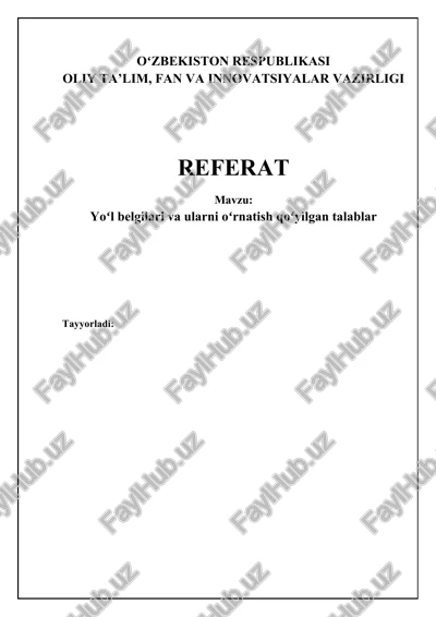 yo'l belgilari va ularni o'rnating qo'yilgan talablar — DOCX