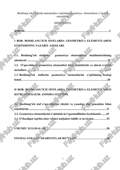 boshlang’ich sinflarda matematika o’qitishda geometriya elementlarni o’rgatish metodikasi — DOCX