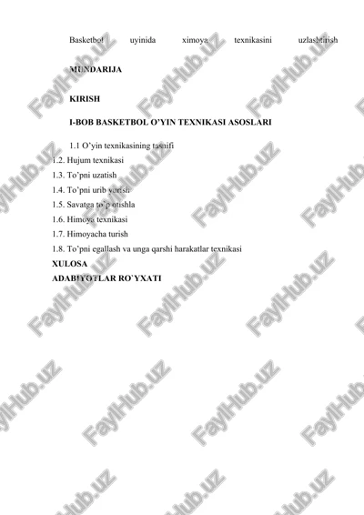 basketbol uyinida ximoya texnikasini uzlashtirish — DOCX