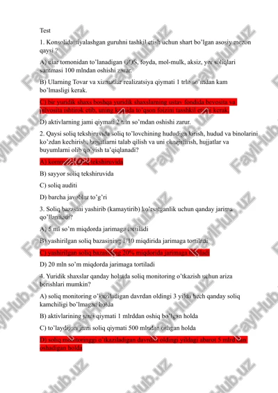konsolidatsiyalashgan guruh (soliq fani bo’yicha test) — DOCX