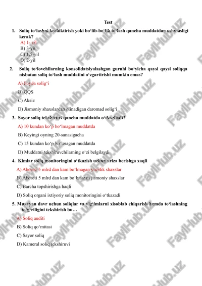 soliq to‘lashni kechiktirish yoki bo‘lib-bo‘lib to‘lash (soliq fani bo’yicha test) — DOCX