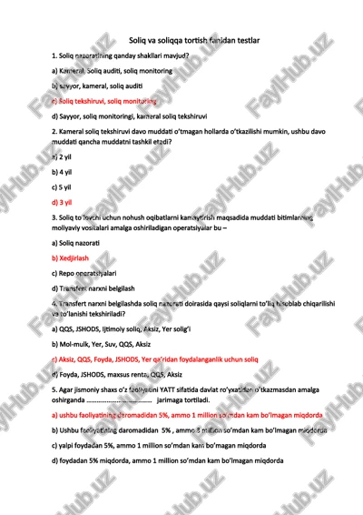 soliq va soliqqa tortish fanidan testlar — DOCX