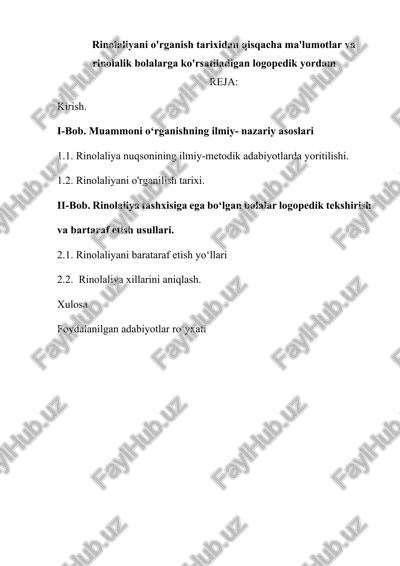 rinolaliyani o'rganish tarixidan qisqacha ma'lumotlar va rinolalik bolalarga ko'rsatiladigan logopedik yordam — DOCX