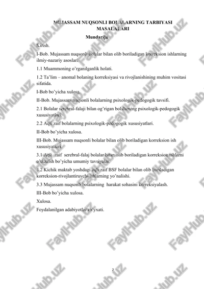 mujassam nuqsonli bolalarning tarbiyasi masalalari — DOCX
