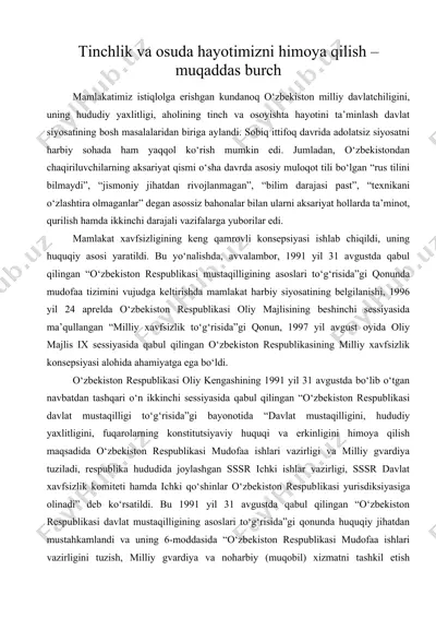 tinchlik va osuda hayotimizni himoya qilish – muqaddas burch — DOC