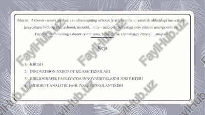 axborot - resurs markazi (kutubxona)ming axborot izlash tizimlarini yaratish ishlaridagi innovatsion jarayonlarni bibliografik, axborot, metodik, ilmiy - tadqiqot faoliyatiga joriy etishini amalga oshirish — PPTX