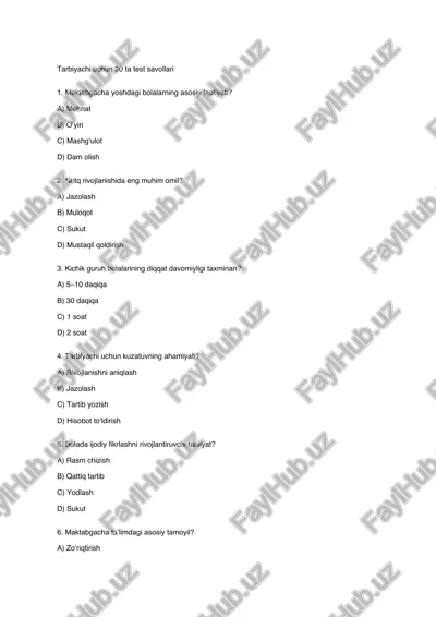 tarbiyachi uchun 30 ta test savollari — PDF