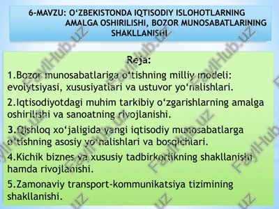 ö'zbekistonda iqtisodiy islohotlarning amalga oshirilishi, bozor munosabatlarining shakllanishi — PPTX