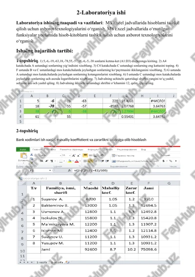 ms excel jadvallarida hisoblarni tashkil qilish uchun axborot texnologiyalarini o‘rganish. — DOCX