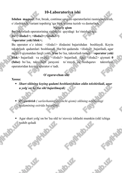 for, break, continuc va goto operatorlarini rasmiylashtirish, o`zlashtirish, variant topshirig`iga blok-sxema tuzish — DOCX