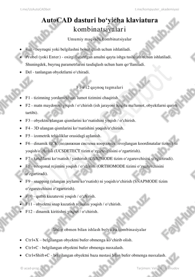 autocad dasturi klaviatura kombinatsiyalari — PDF