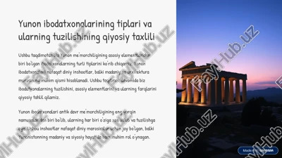 yunon ibodatxonalarining tiplari va ularning tuzilishining qiyosiy taxlili — PDF