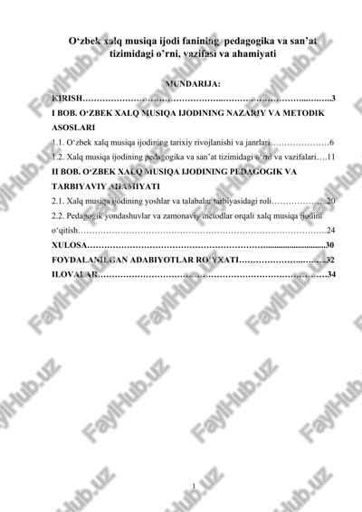 o‘zbek xalq musiqa ijodi fanining pedagogika va san’at tizimidagi o’rni, vazifasi va ahamiyati — DOCX
