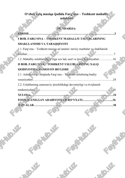 o‘zbek xalq musiqa ijodida farg’ona – toshkent mahalliy uslublari — DOCX