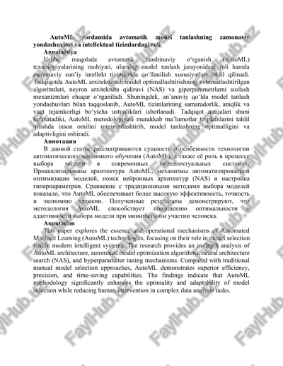 automl yordamidan avtomatik model tanlashning zamonaviy yondashuvlari va intelektual tizimdagi roli — DOCX
