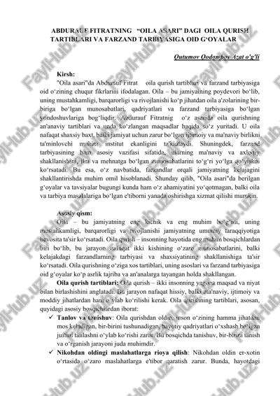 abdurauf fitratning “oila asari” dagi oila qurish tartiblari va farzand tarbiyasiga oid g‘oyalar — DOCX