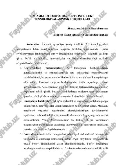 raqamli iqtisodiyotda sunʼiy intellekt texnologiyalarining istiqbollari — DOCX