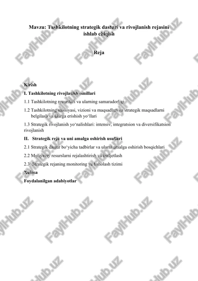 tashkilotning strategik dasturi va rivojlanish rejasini ishlab chiqish — DOCX