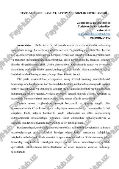 tezis mavzusi: sanoat, avtomabilsozlik rivojlanishi — DOCX