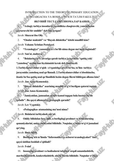 introduction to the theory of primary education maktabgacha va boshlang‘ich ta’lim fakulteti yakuniy test savolnomalar banki — DOCX