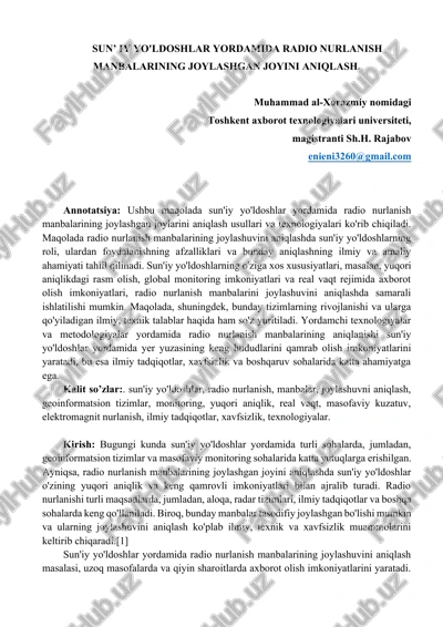 sun’iy yo'ldoshlar yordamida radio nurlanish manbalarining joylashgan joyini aniqlash — DOCX