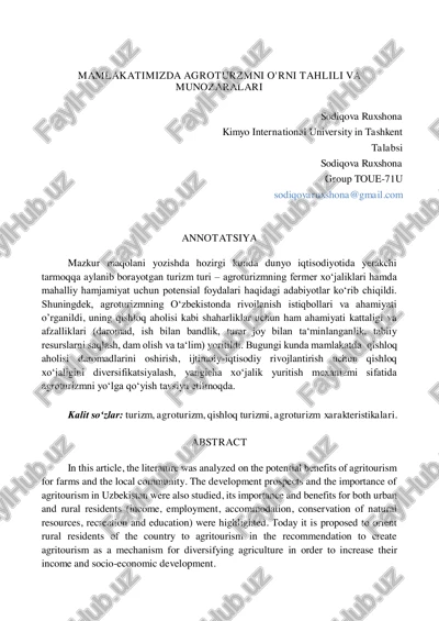 agroturizm va uning ahamiyati oʻzbekistonda — PDF