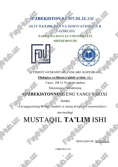 taraqqiyotning o‘zbek modeli va uning oʻziga xos xususiyatlari — PDF