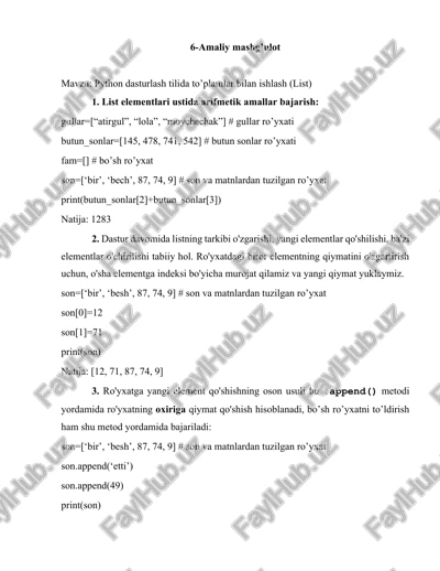 python dasturlash tilida to’plamlar bilan ishlash (list) — DOCX