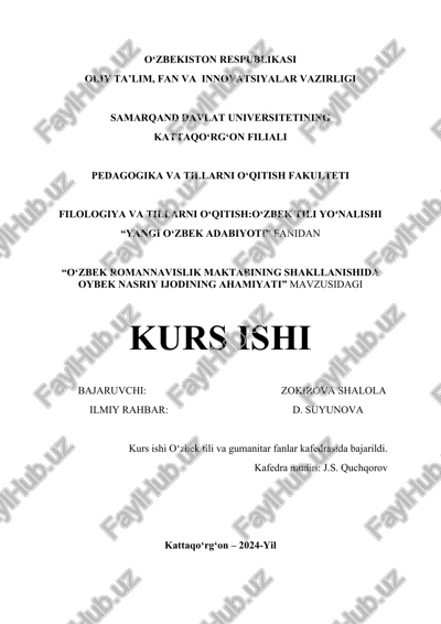 "o‘zbek romanavislik maktabining shakllanishida oybek nasriy ijoding ahamiyati" kurs ishi — DOCX