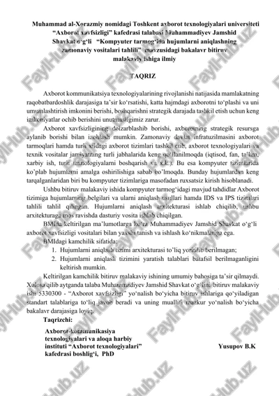 kompyuter tarmog‘ida hujumlarni aniqlashning zamonaviy vositalari tahlili — DOCX