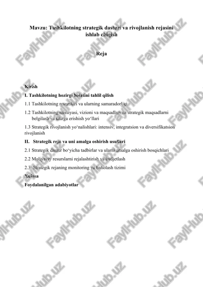 tashkilotning strategik dasturi va rivojlanish rejasini ishlab chiqish — DOCX
