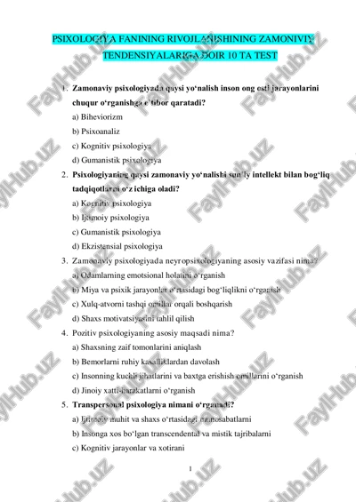 psixologiya fanining rivojlanishining zamoniviy tendensiyalariga doir 10 ta test — PDF