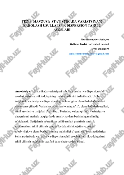 statistikada variatsiyani baholash usullari va dispersion tahlil asoslari — DOCX