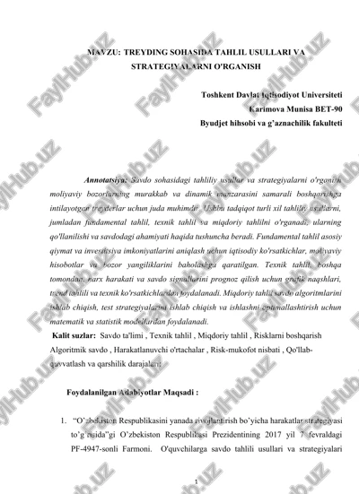 treyding sohasida tahlil usullari va strategiyalarni o'rganish — DOCX