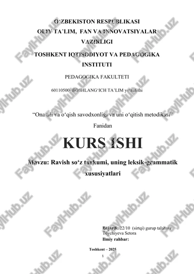 ravish soʻz turkumi, uning leksik-grammatik xususiyatlari — DOCX