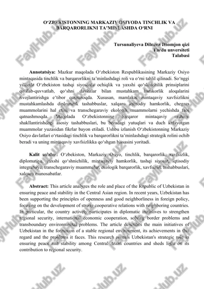 oʻzbekistonning markaziy osiyoda tinchlik va barqarorlikni taʼminlashda oʻrni — DOCX