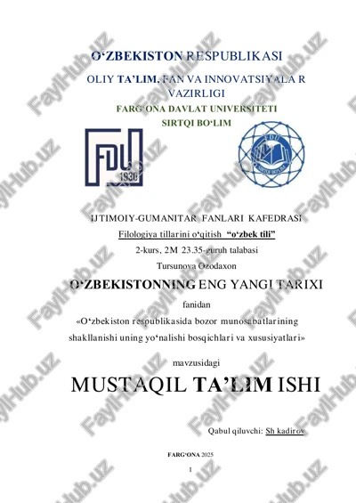 o‘zbekiston respublikasida bozor munosabatlarining shakllanishi uning yo‘nalishi bosqichlari va xususiyatlari — PDF