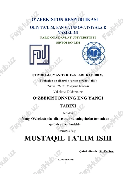 yangi o‘zbekistonda oila instituti va uning davlat tomonidan qo‘llab quvvatlanishi — DOCX
