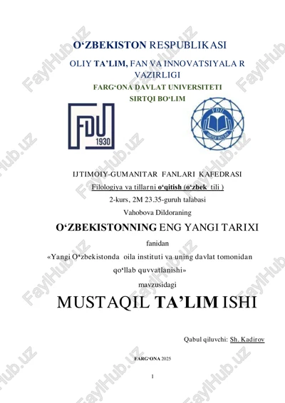 yangi o‘zbekistonda oila instituti va uning davlat tomonidan qo‘llab quvvatlanishi — PDF