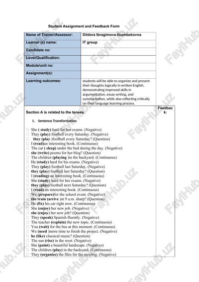 student assignment and feedback form — DOCX