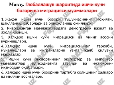 globallashuv sharoitida ishchi kuchi bozori va migratsiyasi muammolari — PPTX